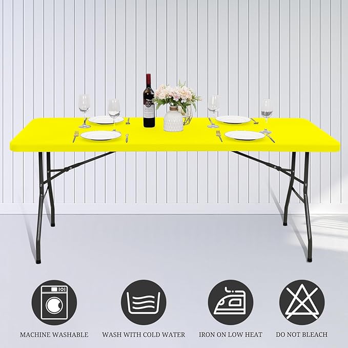 6 Pack Fitted Tablecloth for 8 Foot Rectangle Tables, Yellow Elastic Outdoor Picnic Table Cover, Washable Stretch Folding Table Cloths 8 ft for Camping Party Patio Kitchen Banquet, 30" W x 96" L