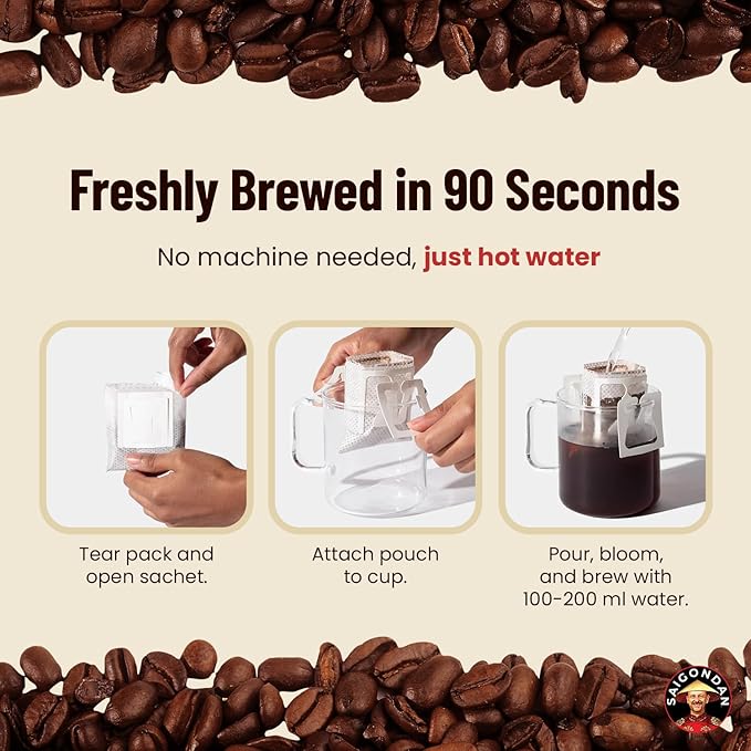 Pour Over Vietnamese Coffee – Saigondan Joyful | Medium Roast | Arabica Bourbon | Instant Specialty Coffee | Small Batch Roasted | Direct Trade | Notes of Orange Blossom | 18 Sachets