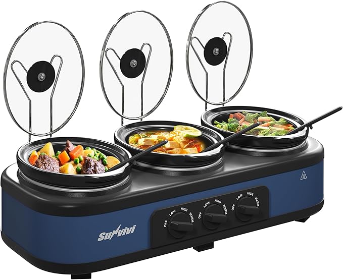 Sunvivi Triple Slow Cooker Buffet Servers and Warmer, Large 3 Pot Food Small Mini Manual Slow Cooker with Adjustable Temp Stainless Steel Lid Rests,Removable Ceramic Pot, 3 * 2.5 Quarts, Blue