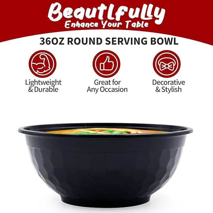 POPMISOLER 150 Pcs Stackable Meal Prep Bowl Containers,36 OZ Food Takeout Bowls Reusable,Black Disposable With Lids,Microwavable Dishwasher Safe Leak Resistant for Noodle Soup,Salads&Ramen Bow (36oz)
