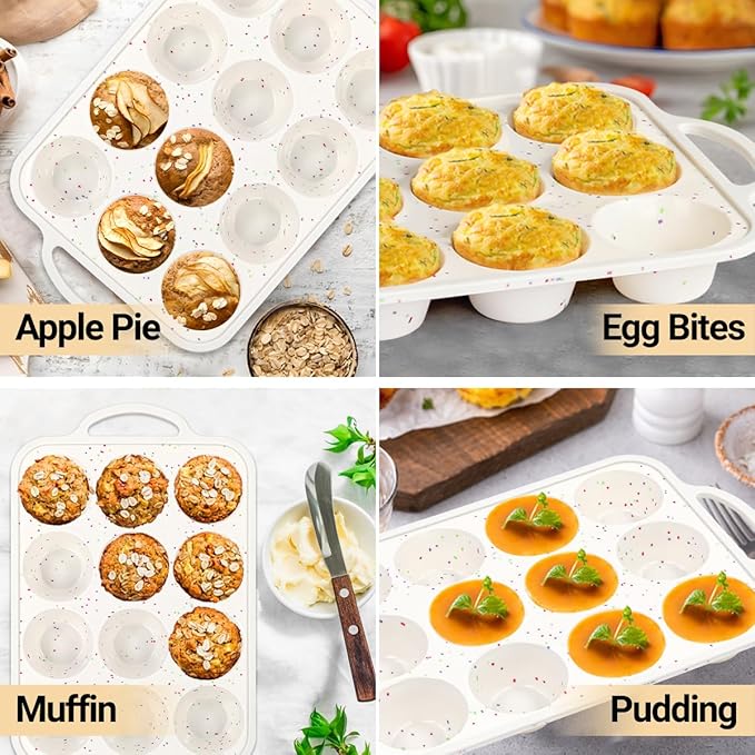 Silicone Muffin Pans for Baking, Metal Reinforced Frame 12 Cups Regular Size Silicone Cupcake Pan Nonstick Muffin Tin for Baking Muffin, Cupcake, Frittatas,BPA Free, Dishwasher Safe