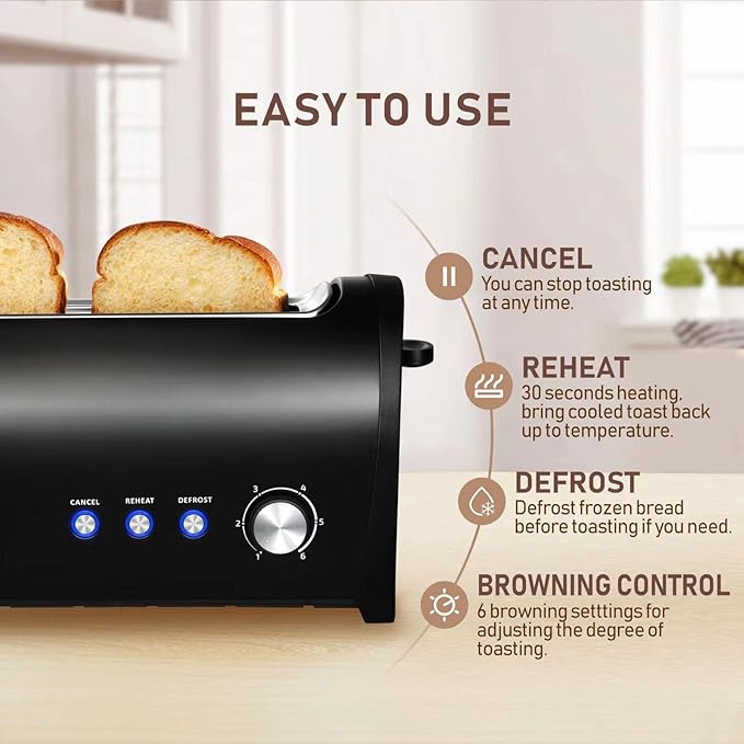 Long Slot Toaster with Cover, 2 Slice 1.65'' Extra Wide Slot Stainless Steel Toasters with Reheat Defrost Cancel Functions,6 Shade Settings, Single Slim Bread Toaster,Removable Crumb Tray,Matte Black