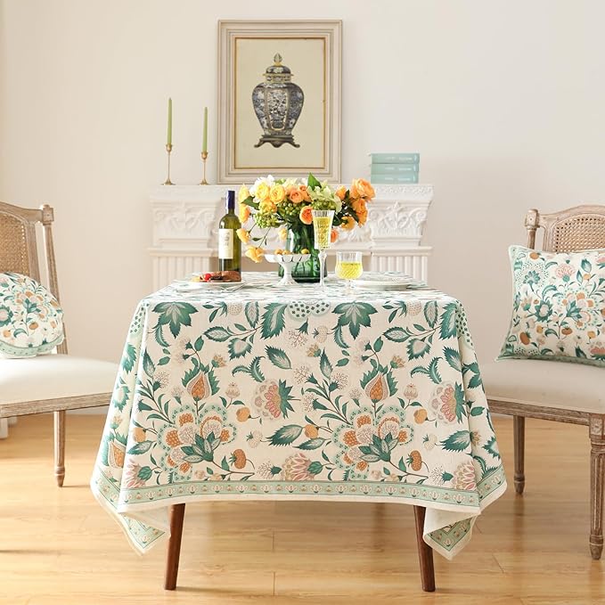 patdrea Designer Green Rectangle Table Cloth,Vintage Italian Floral Country Linen Breathable Tablecloth,Decor Cover for Kitchen Dining,Christmas,Tea Party,Thanksgiving,55"x87"-Tree Life