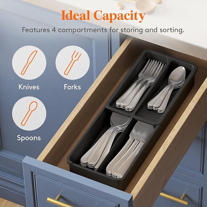 Lifewit Compact Silverware Organizer for Kitchen Drawer, Narrow Flatware Tray Holder, Plastic Cutlery Spoons, Forks and Knives Storage, Black, 2 Pack