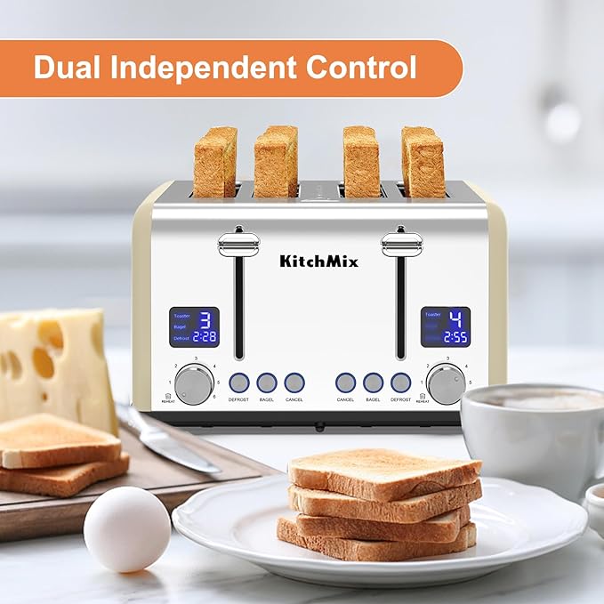 Toaster 4 Slice, KitchMix Bagel Stainless Toaster with LCD Timer, Extra Wide Slots, Dual Screen, Removal Crumb Tray (Cream)