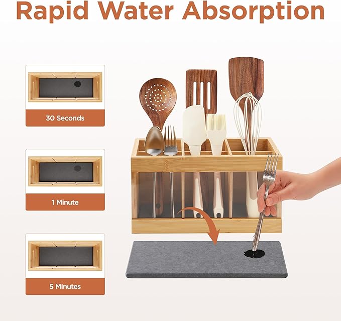 Kitchen Utensil Holder 6-Compartment Countertop Cooking Spoon Holder with Absorbing Drying Stone & Acrylic Panel Bamboo Kitchen Utensil Organizer