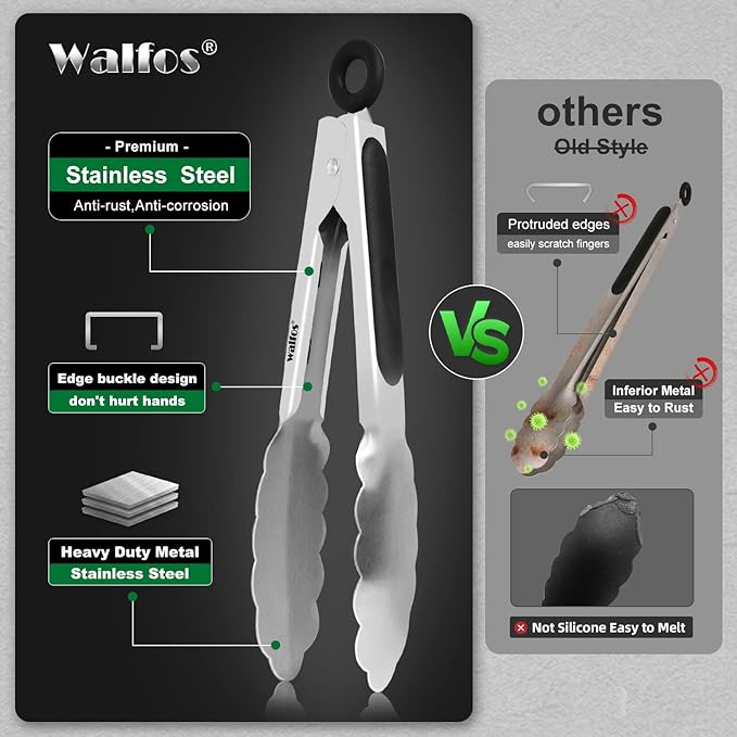 Walfos Kitchen Small Tongs - 7 inch Heavy Duty Mini Food Tongs, Stainless Steel and Non-Slip Heat Resistant Handle - Great for Cooking, Salad, Grilling and Barbecue，3 Piece