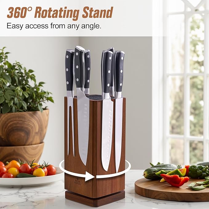 360° Rotating Magnetic Knife Block without Knivies, Acacia Wood Knife Holder with Removable Bristles, Large Capacity Knife Storage Organizer for Kitchen Countertop