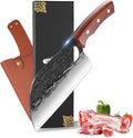 8'' Hand Forged Wood Butcher Knife Santoku for Meat Cutting Bone Chopping Kitchen Outdoor BBQ Camping