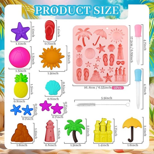 2 Pcs Summer Beach Theme Silicone Molds with 2 Droppers and 1 Brush, Silicone Pineapple Castle Sun Starfish Shell Chocolate Candy Mold for Summer Party Marine Baking Mold