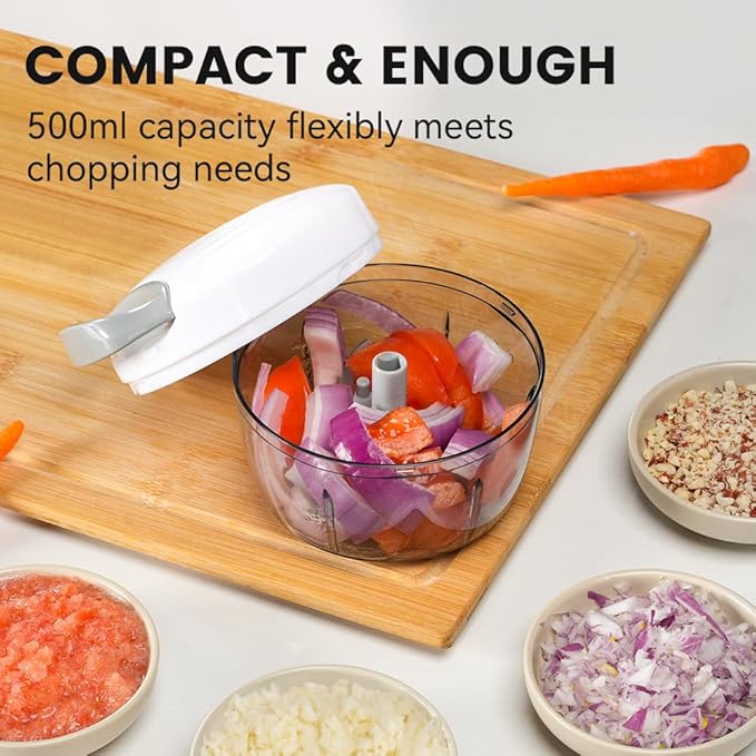 Manual Food Processor & Vegetable Chopper Grey - 2.3 Cup Mini Hand-Pull Cord Kitchen Chopper for Onion, Garlic, Vegetables with 3 Stainless Steel Blades