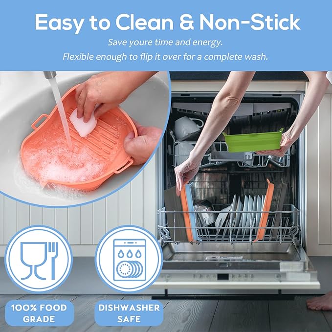 [2 Pack] Silicone Air Fryer Liners Square - Reusable Airfryer Basket - Easy to Clean Air Fryers Pot for 5.8 to 8 Qt Large Air Fryer Baking Tray Oven Accessories, 8.5 Inch