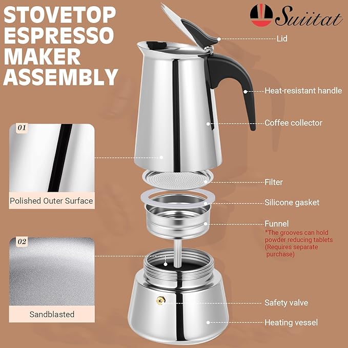 Moka Pot, 4 Cups (7.1 oz) Stovetop Espresso Maker, 304 Stainless Steel Moka Pot, Induction Compatible, Silver