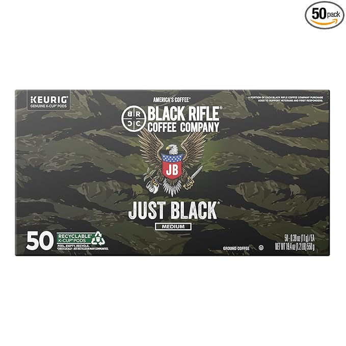 Black Rifle Coffee Company Just Black, 50 Count, Medium Roast K Cups - Single Serve K Cups Coffee Pods - Kcup Pods Compatible with 1.0 & 2.0 - Made from Arabica Beans