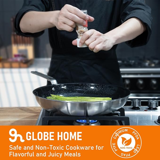 10 Inch Ceramic Non Stick Frying Pans - 5 Ply Stainless Clad Nonstick Skillet, Toxic, PTFE & PFOA FREE, Professional Cookware for Induction, All Stoves and Oven up to 650°F