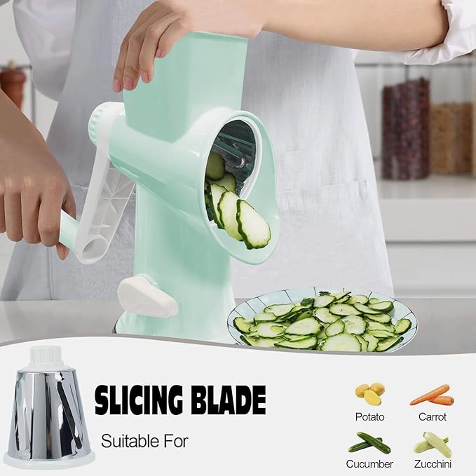 Cheese Grater MultiFunction Rotary Cheese Grater Hand Crank – Cheese Shredder Effortlessly Shred,Slice,Chop.Applicable to Cheese, Vegetables,Fruits,Nuts,Non-Slip Suction Base,Easy to Clean (green)