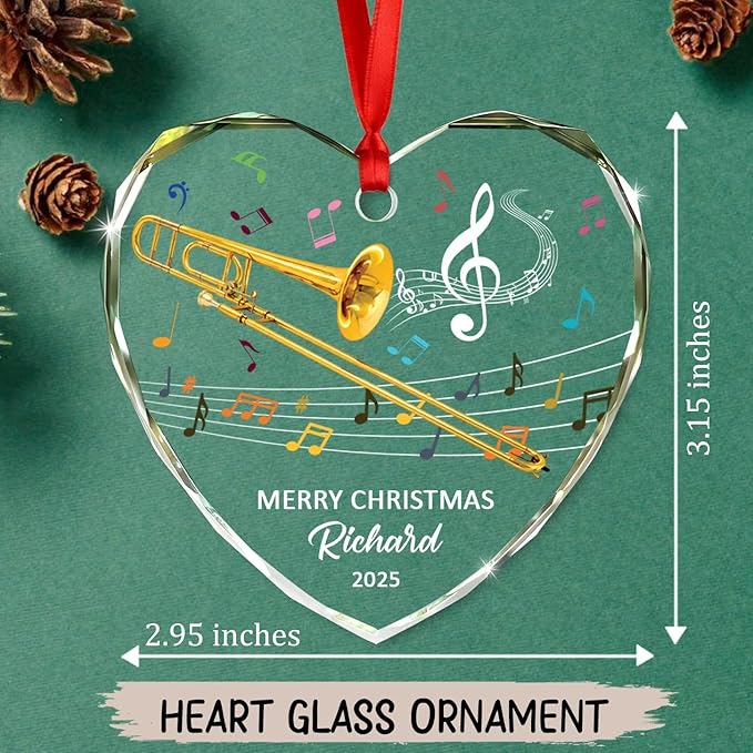 Personalized Trombone Instrument Glass Hanging Xmas Ornament, Customized Text Year Name Trombone Lover Christmas Ornaments Gift for Women Men Daughter Son Friends Besties, Unique Trombones Ornament