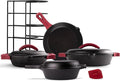Cuisinel Cast Iron 16-Piece Pre-Seasoned Cookware Set - 8" + 12" Braiser Pans + Cast Iron Lids + 10" Skillet + 2-in-1 Multi-Cooker + 12" Organizer + Scraper + Silicone Handle Covers - Fire or Oven Use