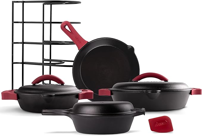 Cuisinel Cast Iron 16-Piece Pre-Seasoned Cookware Set - 8" + 12" Braiser Pans + Cast Iron Lids + 10" Skillet + 2-in-1 Multi-Cooker + 12" Organizer + Scraper + Silicone Handle Covers - Fire or Oven Use