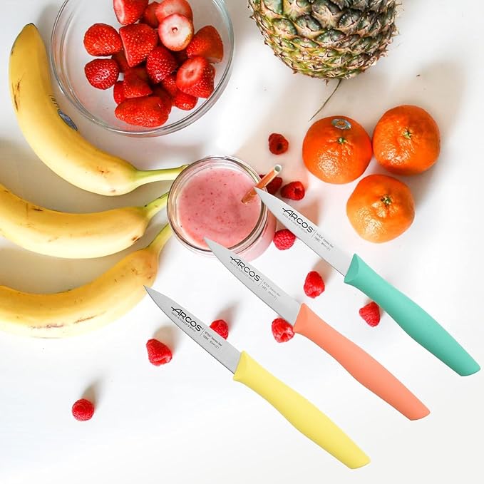 Arcos Paring Knife Set of 3 Pieces 4 Inch Stainless Steel. Colorful Kitchen Knives for Peeling Fruits and Vegetables. Ergonomic Polypropylene Handle. Series Nova. Color Orange, Yellow and Blue.