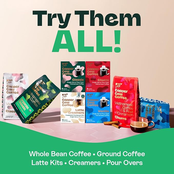 Copper Cow Coffee Premium Pour Over Single-Serve Vietnamese Coffee Pouches (8 pack) | Vanilla | Dark Roast | Flavored with Vanilla Beans | Convenient Vietnamese Ground Coffee Packets, Travel Friendly