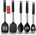 Silicone Spatula and Cooking Spoon,5 Pack Non-Stick Cooking Utensils for Kitchen，Heat Resistant Solid & Slotted Spoons and Spatulas, Stainless Steel Handle Coated with Silicone,Black