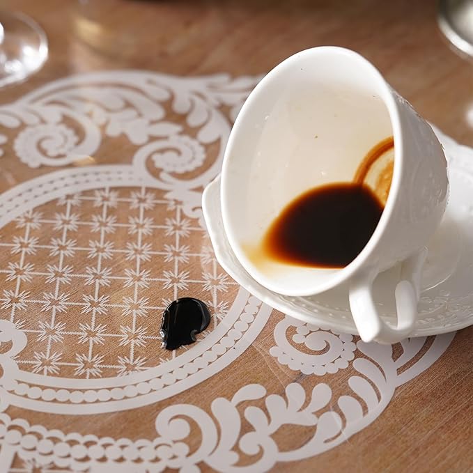 Rectangle Waterproof Clear Table Cover Protector Vinyl Table Cloth Oil Spill Proof Wipe Clean Lace Plastic Tablecloths for Dining Tables (White, 60 x 84 Inches)