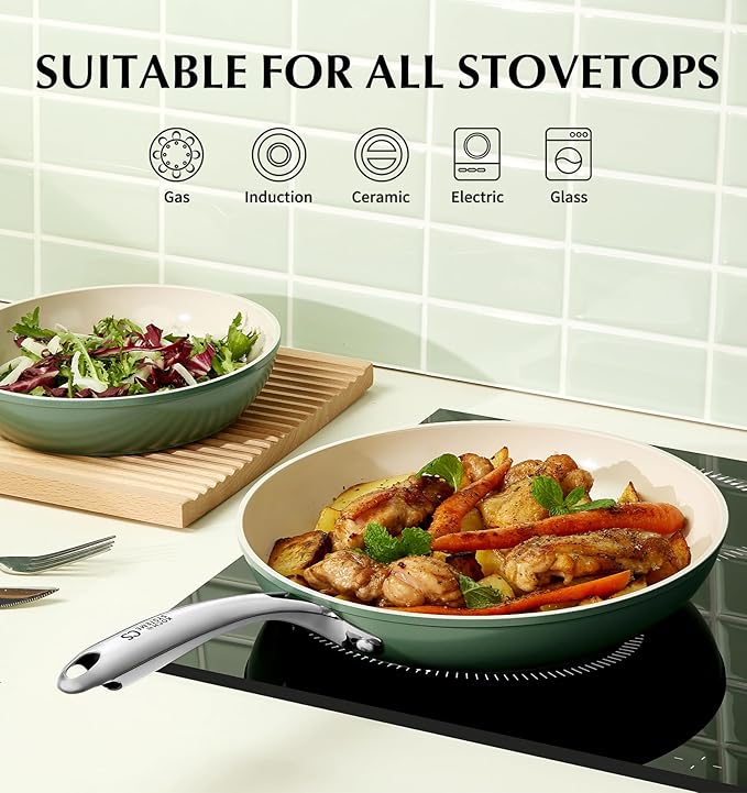KOCH SYSTEME CS 8 Inch Nonstick Frying Pan Skillet, Non Stick Ceramic Frying Pan with Stay-Cool Stainless Steel Handle, Induction Compatible Egg Pan, PFOA Free, Dishwasher Safe & Oven Safe, Green