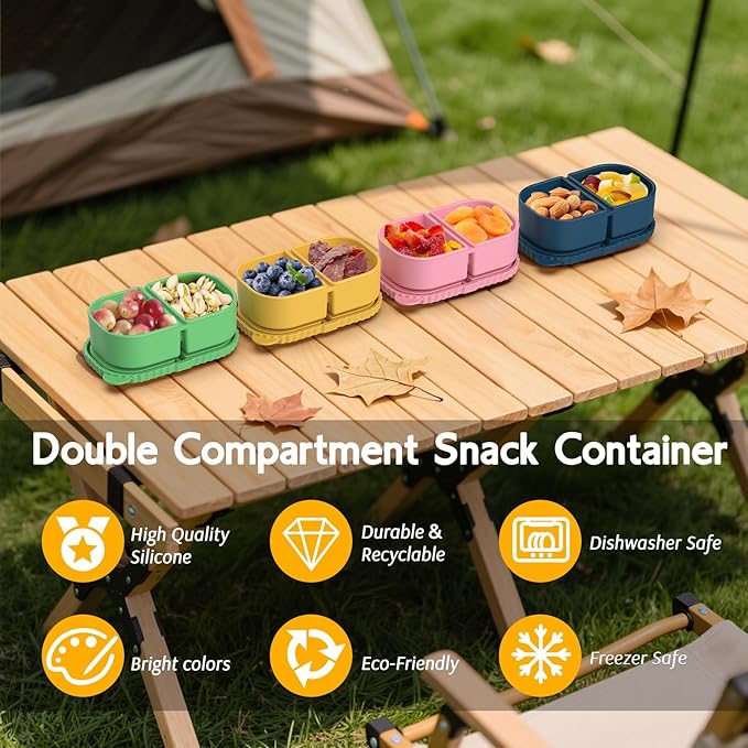 4 Pack Silicone Snack Containers with Lids, Double Compartment Snack Containers for Sauce, Reusable Silicone Food Storage Box for School Lunch Office Travel