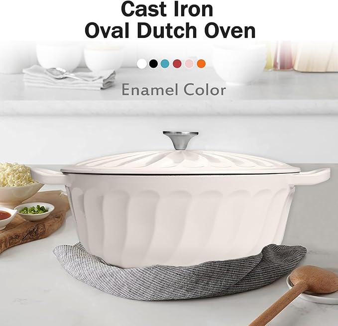 Enameled Oval Dutch Oven Pot with Lid, 7 QT Cast Iron Dutch Oven with Dual Handles for Cooking, Bread Baking, Frying, Non-stick Enamel Coated Oven (White)
