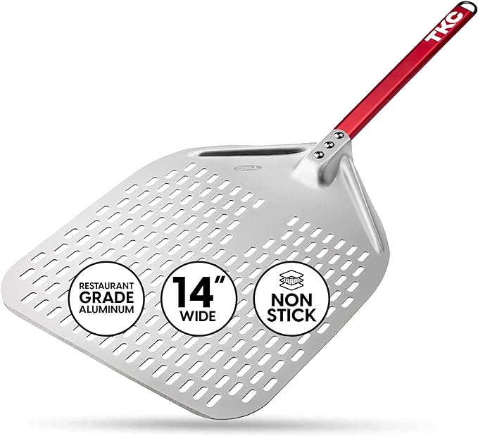 TKC 14” Perforated Pizza Peel – 31 Inch Long Handle Perforated Aluminium Pizza Paddle – Lightweight Pizza Turning Peel – Commercial Grade Pizza Spatula - Outdoor Pizza Oven Accessories - (Silver/Red)