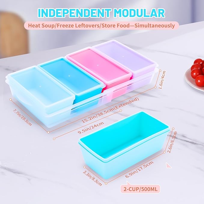 Gemice BPA-Free Silicone Freezer Molds with Base, Individual 4-Pack 2-Cup Portion Soup Cubes Freezer Tray with Lids for Food Storage, Oven & Dishwasher Safe, Silicone Freezer Containers for Meal Prep