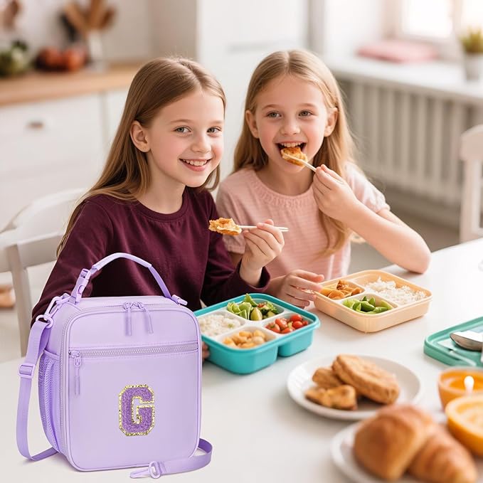 Initial Insulated Lunch Bag for Girls Kids, Back to School Gift, Reusable Leak-proof Lunch Box with Adjustable Strap for School Daycare Travel Picnic (Purple,G)
