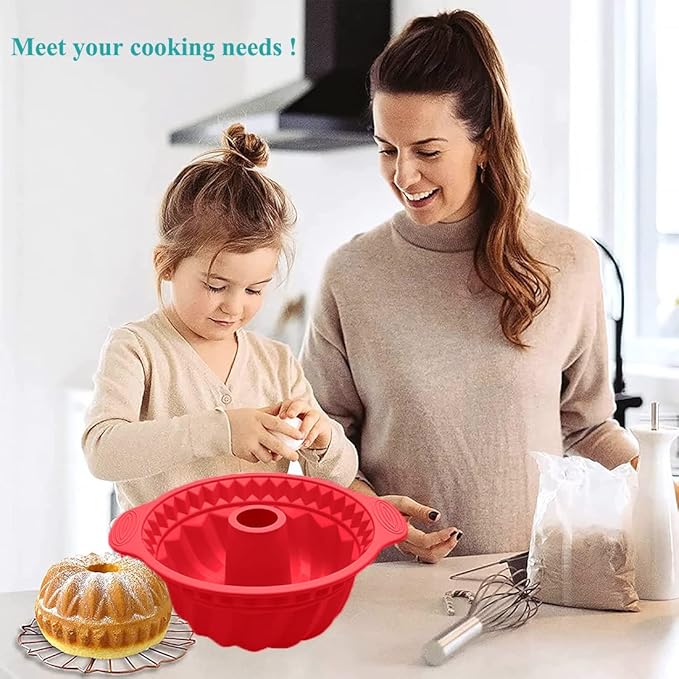 Kenond 2 PCS 9.5 Inch Silicone Cake Pans, Non-stick Fluted Cake Pan with Sturdy Handle, Cake Baking Molds, Perfect Bakeware for Cake, Jello, Gelatin, Bread, Para Gelatinas (Red)