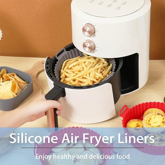 Silicone Liners, Pot 2 Pcs Reusable Non-Stick Air Fryer Basket Bowl Fit 3-5QT Baking Replacement of Flammable Parchment Paper(Round, 6.5 Inch)