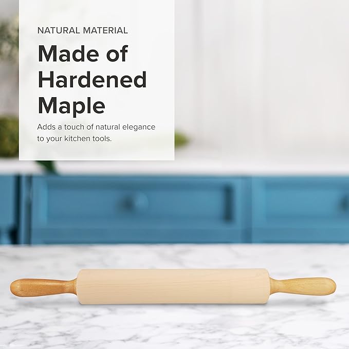 Frieling Maple Rolling Pin with Handles - 2.4-in x 12-in Barrel, Natural Wood - Baking Essentials, Pastry Roller & Pizza Dough Roller