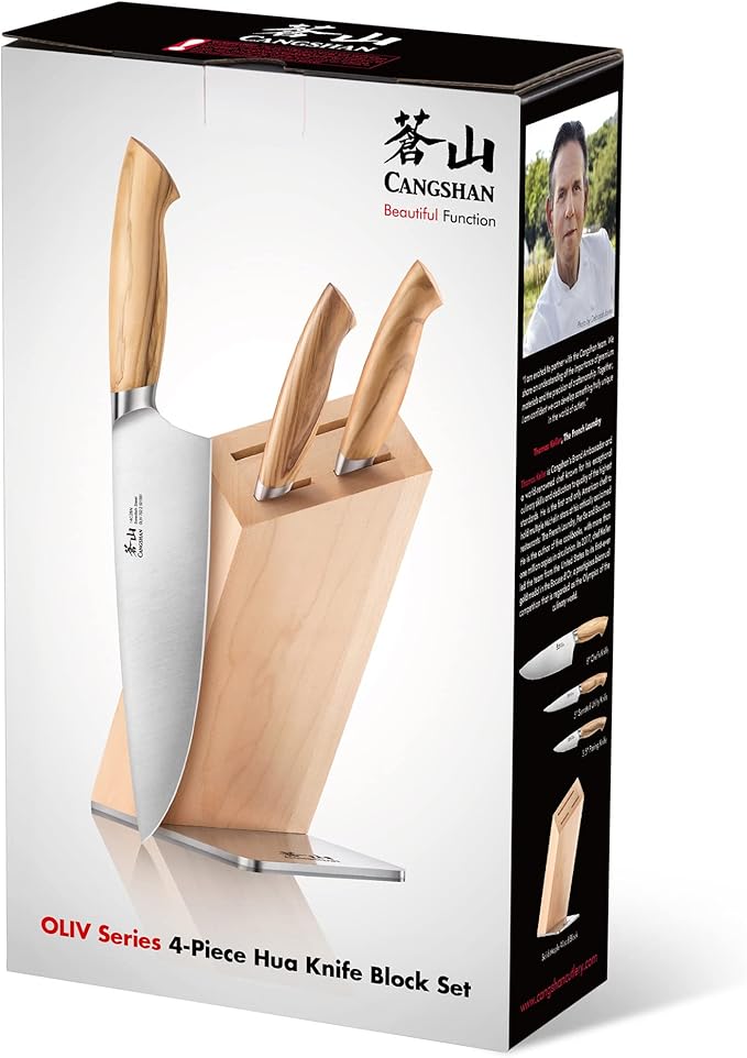 Cangshan OLIV Series 4-Piece HUA Knife Block Set, Forged Swedish 14C28N Steel, Maple Block, 501677
