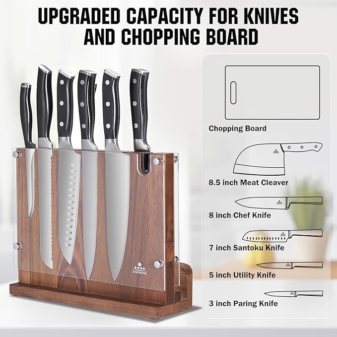 ENOKING Magnetic Knife Block 12.2 x 9.3", Double Sided Magnetic Knife Holde with Knife Sharpener, Acacia Wood Magnetic Knife Stand with Acrylic Shield for Kitchen Countertop