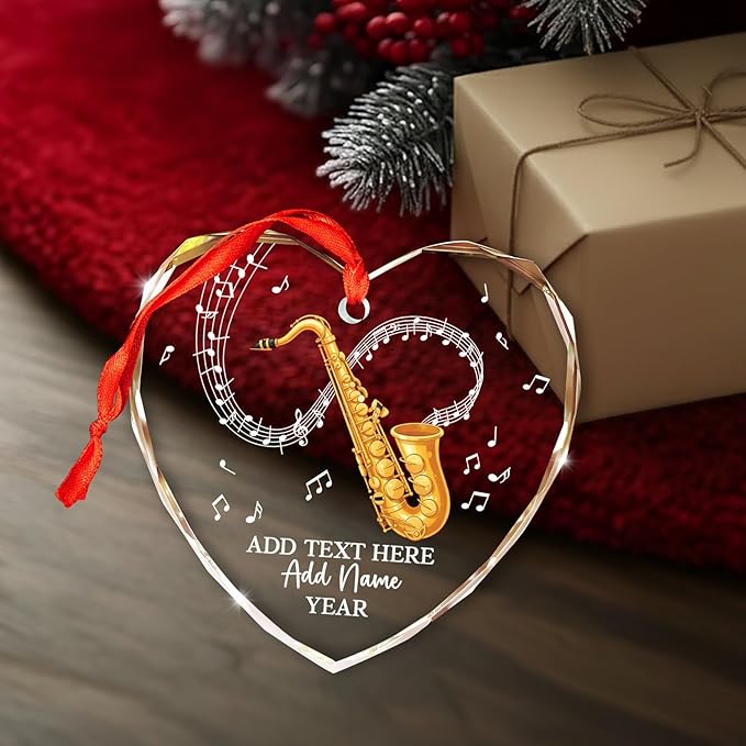 Personalized Saxophonist Christmas Glass Ornament 2025, Saxophone Musical Instrument Ornaments for Xmas Tree, Custom Text Name & Year Saxophone Player Xmas Ornament, Gifts for Music Lovers