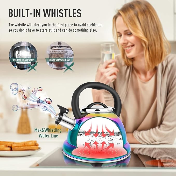 Tea Kettle, Kettle 3.7QT, Tea Pot Whistling 316 Stainless Steel, Tea Kettle Stovetop with Cool Folding Handle, Kettle Teapot Rainbow Induction for Boiling Water, Mirror Finish