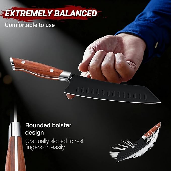 TIVOLI 3 Piece Kitchen Knife Set - High Carbon Steel - Black Blade Rustproof Coating - Chef Knife Set with Ergonomic Wood Handle, Cooking Knife Set for Meat Vegetable Fruit, Gift Box Sharp Knives