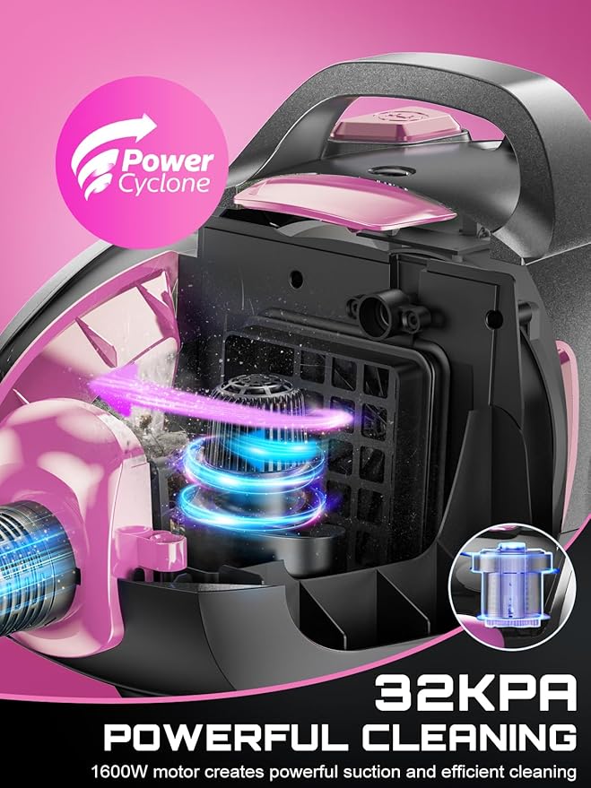 Canister Vacuum Cleaner, 32Kpa 1600W Bagless Vacuum Cleaner, Dust Full Indicator, H13 HEPA Filter, 3.7Qt Large Capacity, Lightweight Vac for Hard Floors, Carpet, Pet, Upholstery, Pink