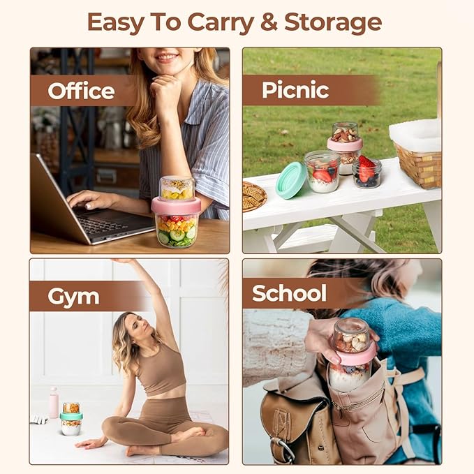 ComSaf Overnight Oats Containers with Lids (8oz+4oz, 2Pcs), Glass Yogurt Parfait Cups for Cereal Nut Fruit, Dual-Layer Chia Pudding Jars Reusable, Small Mason Jars for Salad, Meal Prep, Snack, Oatmeal