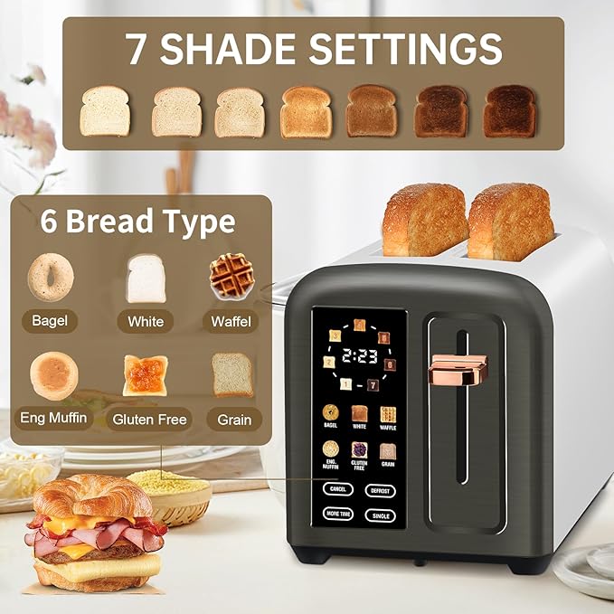SEEDEEM Toaster 2 Slice, Real Touch Screen with LCD Display, Single-Slice Function, Stainless Steel Toaster, 50% Faster Heating, 1.5" Wide Slots, Removable Crumb Tray, 1350W, Dark Metallic