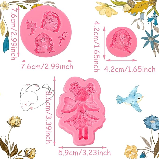 Fairy Tale Wooden Door Fondant Molds Flower Fairy Silicone Mold,for Fairy Tale Theme Party Cake Decoration Chocolate Candy Cookies Marzipan Gum Muffins DIY Resin Polymer Clay Crafts Set of 3