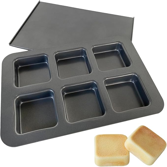 6 Cup Square English Muffin Pan with Lid Straight Side Hamburger Burger Bun Egg Sandwich Frittata Cinnamon Roll Focaccia Quiche Pancake Nonstick Baking Tin Tray Mold