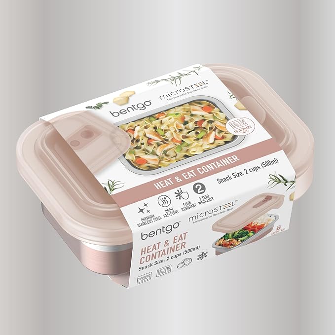 Bentgo MicroSteel Heat & Eat Container – Microwave-Safe, Leak-Proof, Easy-to-Clean, Lightweight Stainless Steel Reusable Food Storage with Airtight Silicone Lid (Snack Size; 2-Cup Capacity; Rose)