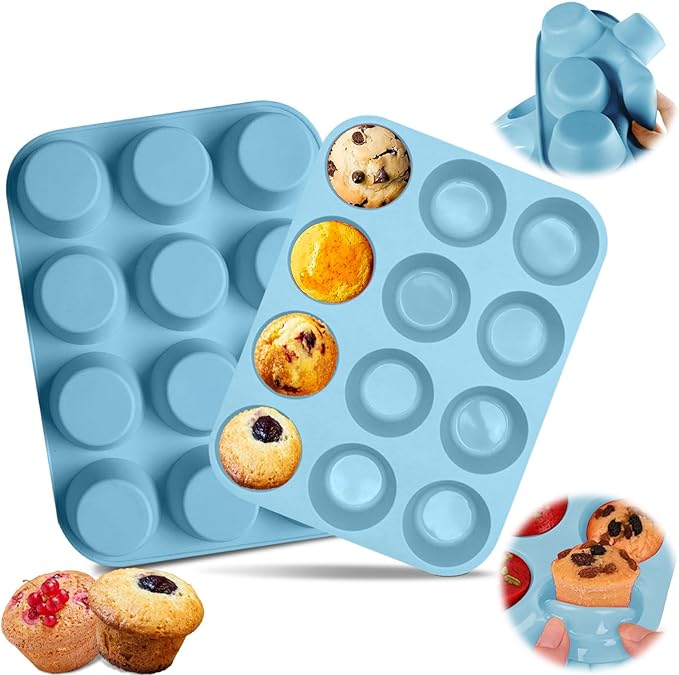 12 Cups Silicone Muffin Pan, Nonstick Cupcake Pan, Heat Resistant Silicone Muffin Tin, Reusable Cupcake Moulds Baking Pan for Cakes, Bread (Blue-2 Packs)