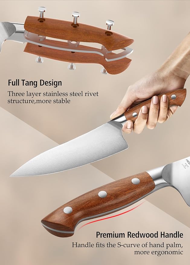 HEZHEN 8 PCS Kitchen Knife Block Set, German DIN 1.4116 Steel Knife Set with Block and Sharpener,Kitchen Shear, Ultra Sharp Blade,Red Wood Handle, Gift Packing