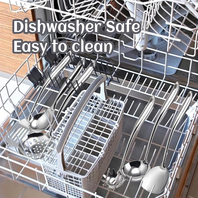 304 Stainless Steel Kitchen Utensils Set, VALESKA 6PCS Metal Cooking Utensils Set, Wok Spatula, Ladle, Skimmer Slotted Spoon, Pasta Spoon, Serving Large Ladle, Slotted Spatula Tunner